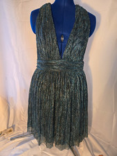 Lulus M Blue Metallic Pleated V-Neck Halter Backless Mini Dress Lined Zip