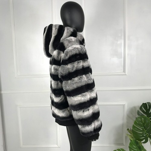 Men Warm Fur Hooded Jacket Real Rex Rabbit Fur Outwear Chinchilla Coat Plus Size - Picture 5 of 6
