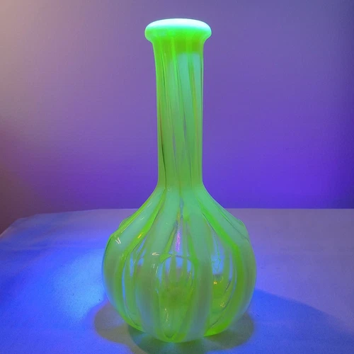 Fenton Vaseline Glass Opalescent Antique Barbers Bottle, Rib Optic 1920's