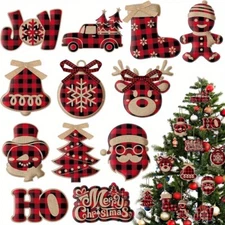 24Pcs Christmas Hanging Ornaments Wooden Snowflake Reindeer Snowman Decor