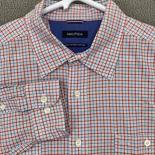 Nautica Button Shirt Mens XL Extra Large Long Sleeve Red Plaid Cotton Casual