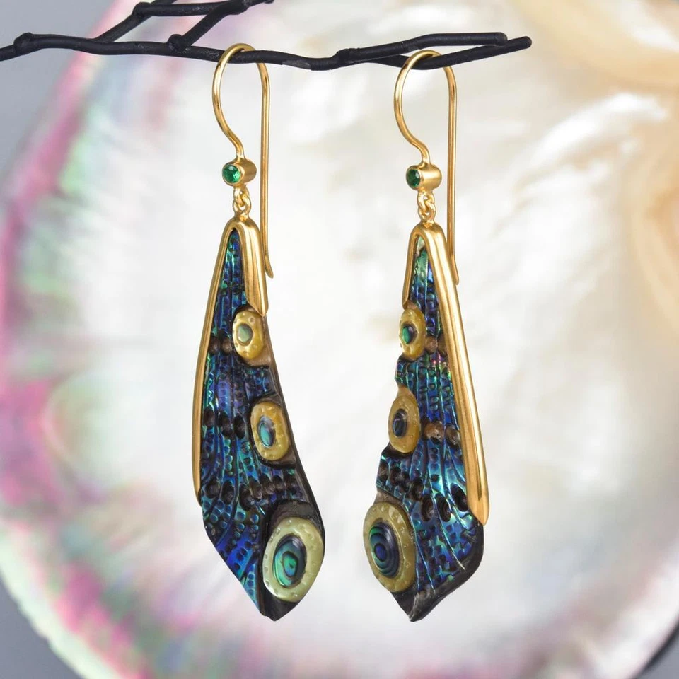Dragonfly Wing Earrings Abalone Carving Gold Vermeil Sterling Emerald 6,09 g - Image 3 of 4