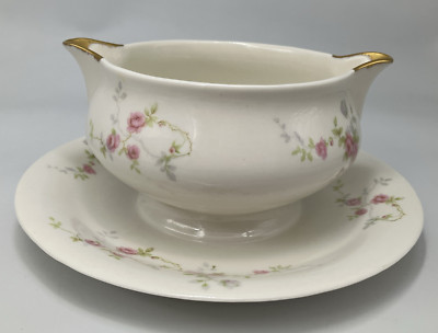 Theodore Haviland Gravy Boat w/ attached Plate New York America Pink Roses