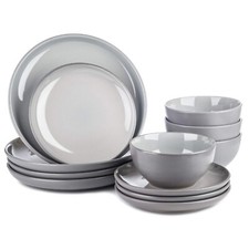 12 Piece Grey Stoneware Dinner Set Plate Pasta Bowl Charcoal microwave safe
