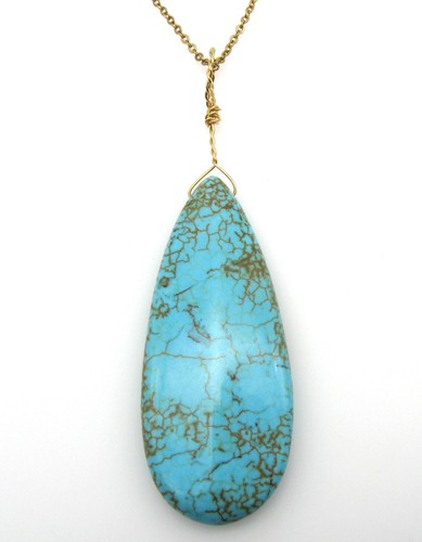 Turquoise Blue Howlite Wire Wrap Teardrop Pendant Necklace 17.5" - Picture 5 of 6