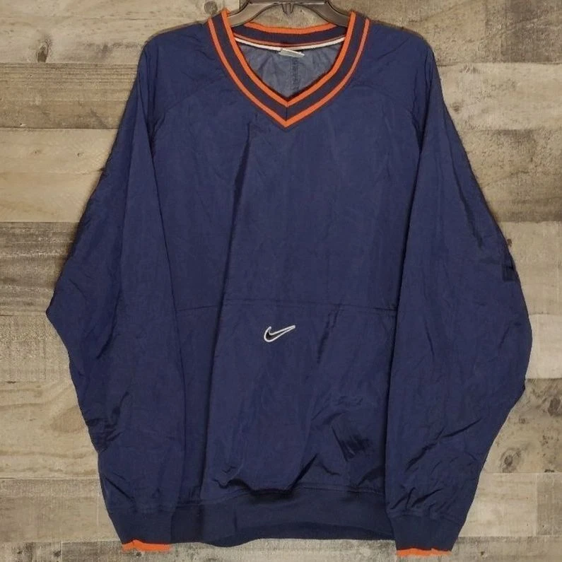 Vintage 90s Nike Windbreaker Jacket Center Swoosh Navy Blue & Orange Extra Large