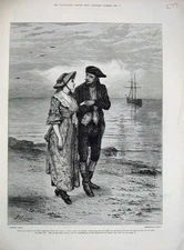 Original Old Antique Print Mabel Parr 1882 Man Woman Romance Ship Sea Fine Art