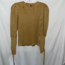 FP One Free People XS Top Tasha Thermal Waffle Knit Lace Puff Sleeve Fall Yellow