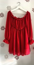SHEIN Red Off Shoulder Chiffon Ruffle Sheer Long Sleeve Short Dress Size S