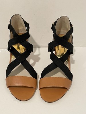 Michael Kors Wendy Mid Black/Tan Strappy Sandal Heels Size 11M New in Box