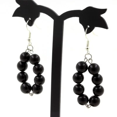 Pierres et Minéraux. Boucles D'oreilles en acier inoxydable 8 Perles Agate noir - Photo 1/2