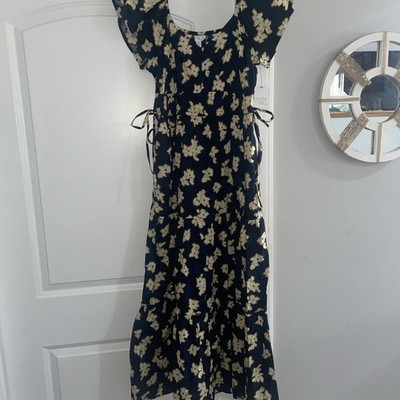 NWT Time Tru Flutter Sleeve Maxi Dress M 8-10 Navy Floral Pocket Peasant Boho B4