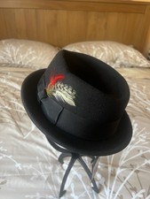 Black Hand Made 100% Wool Diamond Crown Porkpie Pork Pie Hat Size Medium 