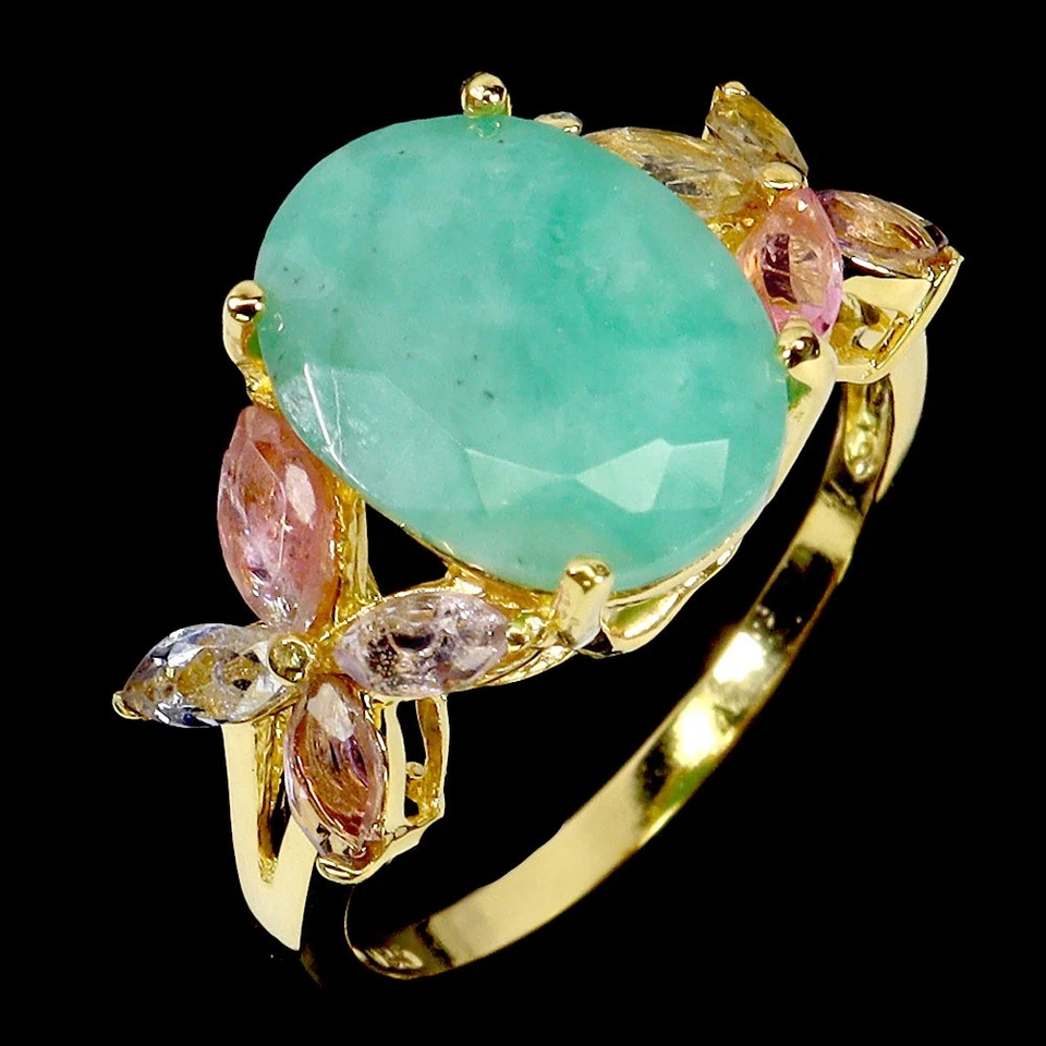 925 Anello Argento Sterling Ovale Smeraldo 12x9mm Tormalina Gemma Misura 7 - Immagine 2 di 4