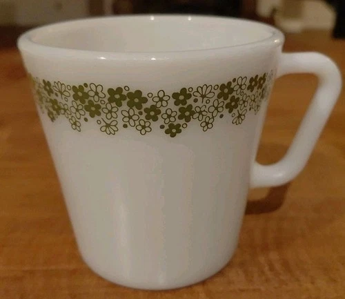 Vtg Single Pyrex Milk Glass Green Crazy Daisy Spring Blossom Mug Coffee Cup