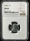 1943  1C Lincoln Wheat One Cent  NGC MS66  6811911-010