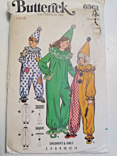 Clown Jumpsuit Hat Suit Kids Childs 6 Butterick 6363 Costume Sewing Pattern VTG - 第 1/9 張圖片