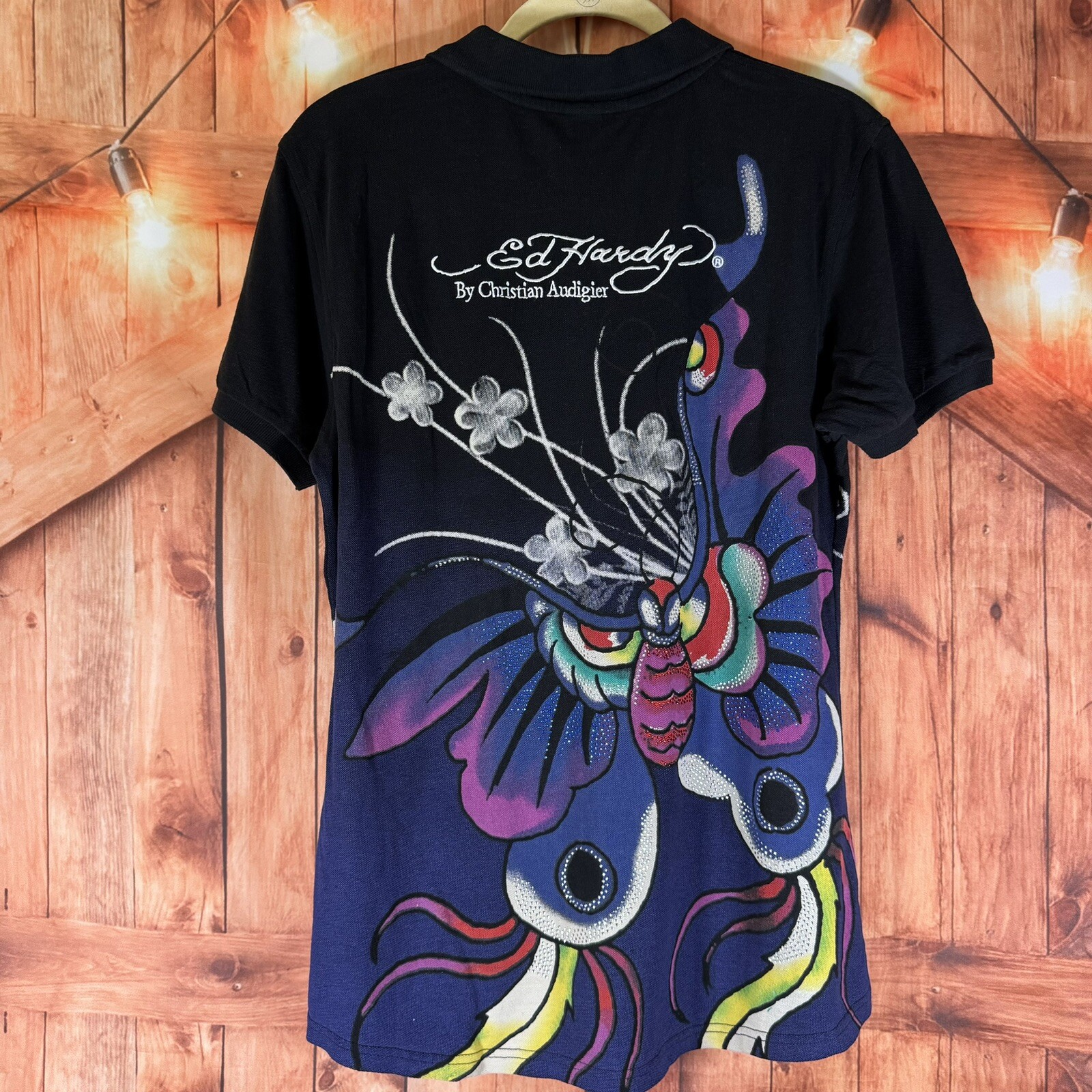 ED HARDY Christian Audigier Black Shirt Women's XL Butterfly Graphic Bedazzled image 2