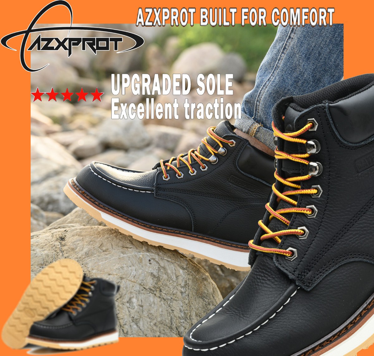 Azxprot Work Boot Men Bull leather Moc Toe Waterproof Oil & Slip Resistant Sz 7 Work Boot NON-SLIP NEW Men Bull Run Moc Toe 6 main image 4
