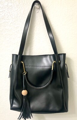 Kattee BLACK Leather Handbag Tote Satchel Purse Removable Interior Pouch Purse