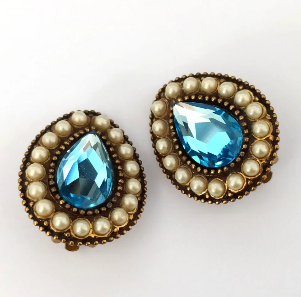 Michal Negrin Clip Earrings Large Aqua Sky Blue Teardrop Crystal Pearl Button - Image 2 of 4