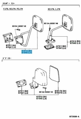 TOYOTA LAND CRUISER BJ70 HZJ70 Genuine Outer Rear View Mirror RH