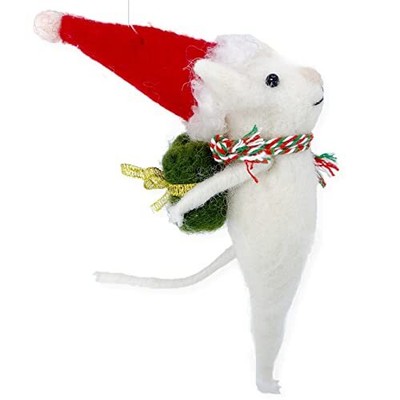 White Mouse Christmas Tree Ornament - Wool Mouse Holding Present