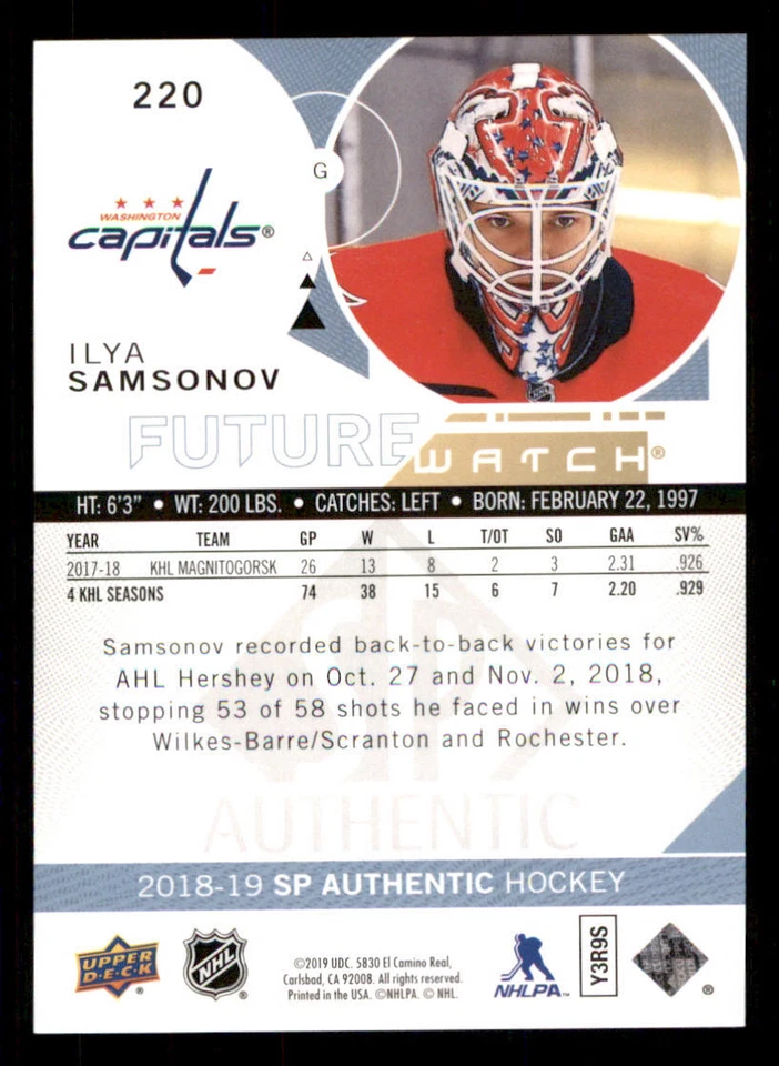2018-19 SP Authentic #220 Ilya Samsonov FW RC /999 - Image 2 of 2