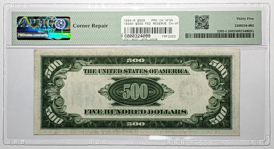 1934A $500 FRN San Francisco Fr#2202-L PMG Ch VF 35 Corner Repair - Image 2 of 3