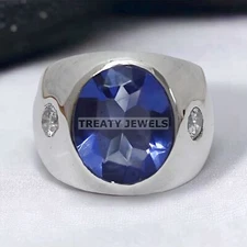 Blue Sapphire Oval Cut Gemstone With 925 Sterling Silver Ring For Men's #351 *