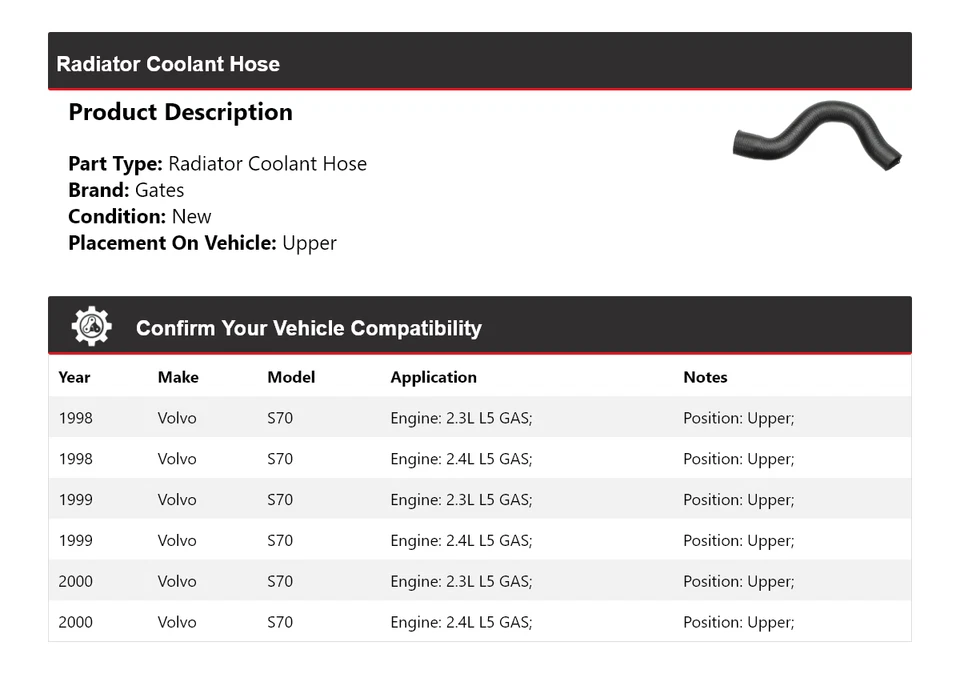 Manguera de refrigerante de radiador puertas superiores 1999 para Volvo S70 1998-2000 Foto 2 de 4