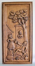 Flemish Hand Carved Oak Panel Tavern Scene. 34 cm x 69 cm.