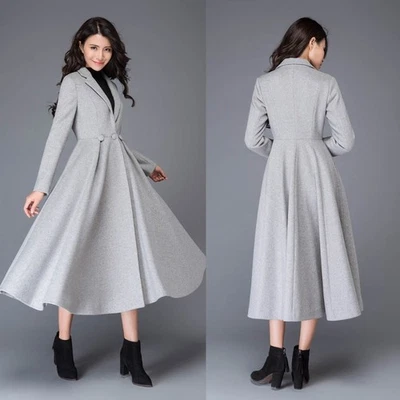Damen Grauer Mantel Jacke Reversekragen Weite Saum Tweed Lang Winter Business - Bild 1 von 4