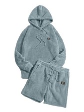 Men's 2 Piece Tracksuit Sets Fleece Fuzzy Hooded Sweatshirt and Shorts Light ...