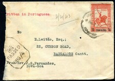 PORTUGUESE INDIA - Censored cover to Bangalore 1943 Truncated