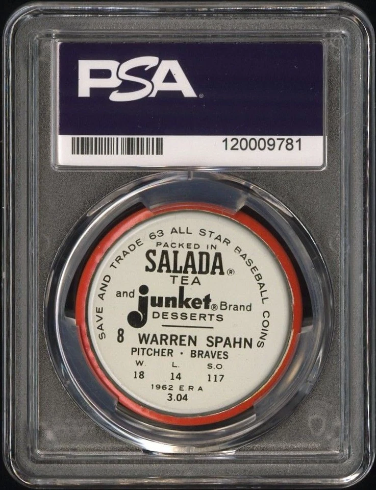 1963 Salada бейсбольная монета Pin 8 WARREN SPAHN Milwaukee Braves PSA 8 NM-MT - Изображение 2 из 2
