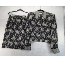 Doncaster Vintage Floral Skirt Set Black Cream Jacket Skirt Size 8 Made in USA