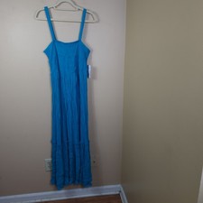 Roaman's Tiered Sleeveless Crinkle Maxi Dress in Teal Size 14/16