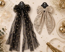 2 Holiday Hair Bow Clips Gold Sequin Black Tulle Gold Stars Party Set