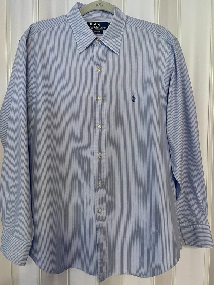 Polo Ralph Lauren “Andrew” Para Hombres•16.5•34/35 Camisa de Vestir Azul Rayas Abotonadas Pony Foto 3 de 4