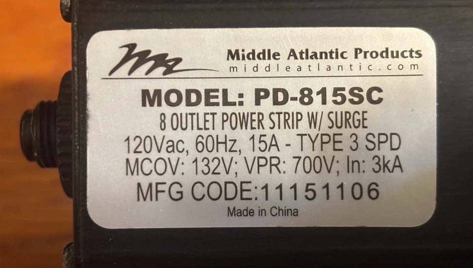 Middle Atlantic PD-815SC-8 Outlet 15A Power Tap Strip on PS-02 Mounting Bracket - Image 2 of 4
