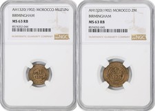 MOROCCO , SET 1 & 2 MAZUNAS 1320 AH - BIRMINGHAM - BOTH NGC MS 63 RB , RARE33