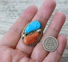 Vtg Old Pawn ZUNI R&B Leekya Turquoise Red Coral Ring sz 11 Sterling Silver 33 g