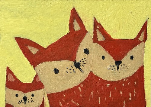 ACEO Original Painting, Fox Family Abstract Oil Art, ATC, Birdie Animal, Small