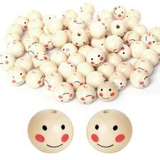 40Pcs 20mm Smile Face Wooden Beads with Pre-Drilled Holes, Round Craft Beads