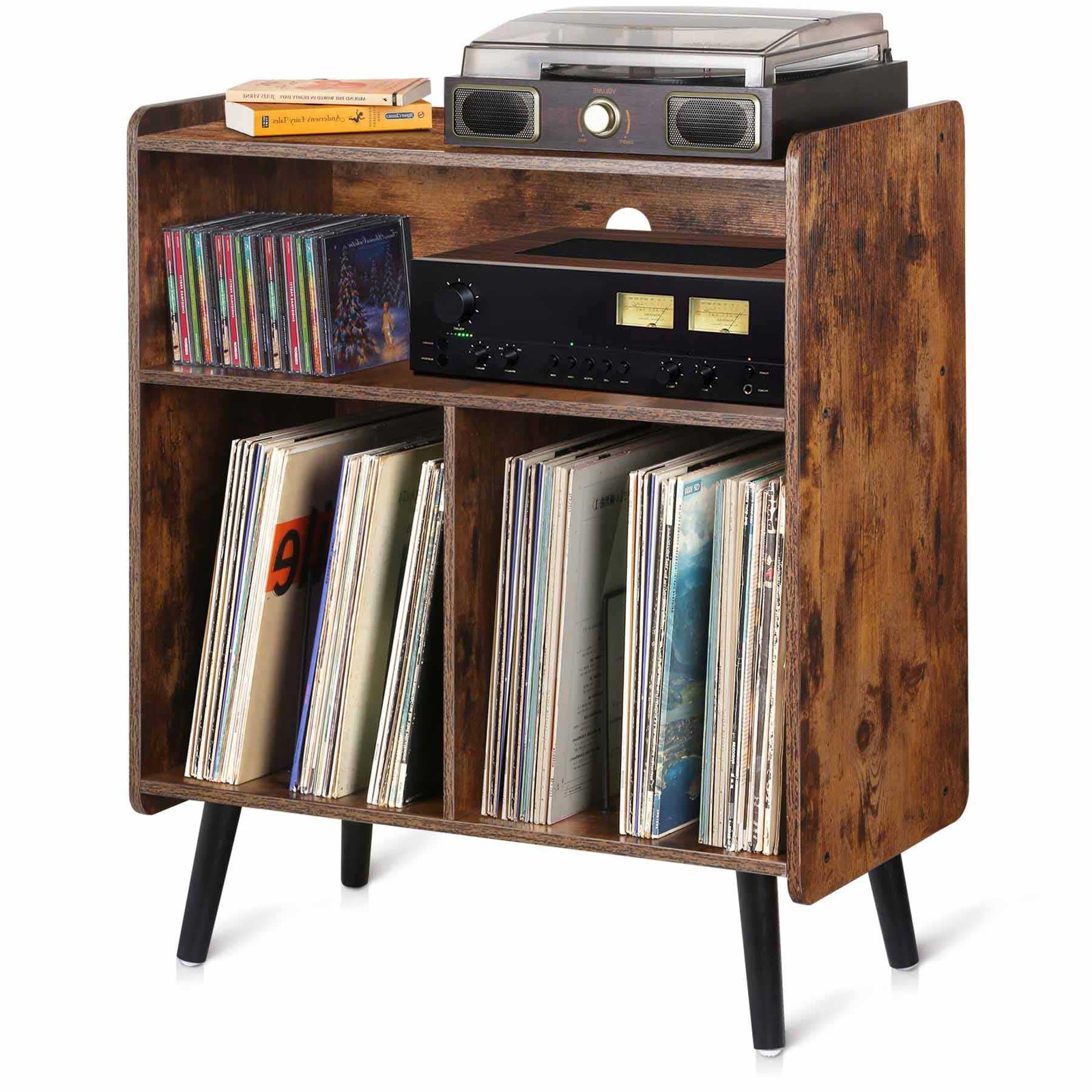 3-Tier Mid-Century Vintage Vinyl Record Player Stand and Storage Cabinet