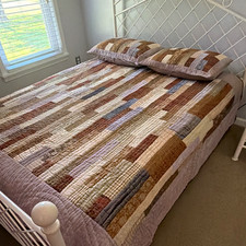 Patchwork Quilted Cotton Full Quilt Set w/ 2 Shams Brown Beige Blue Gray