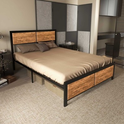 HOMCOM Doppelbettgestell Stahlbettgestell mit Kopfteil 142 x 195 cm Braun