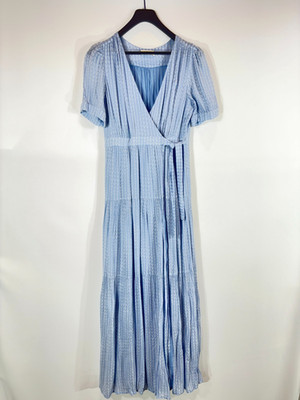 BA&SH Uriel Kleid Damen SMALL Maxi Lang Wickelgürtel Kurzarm Blau