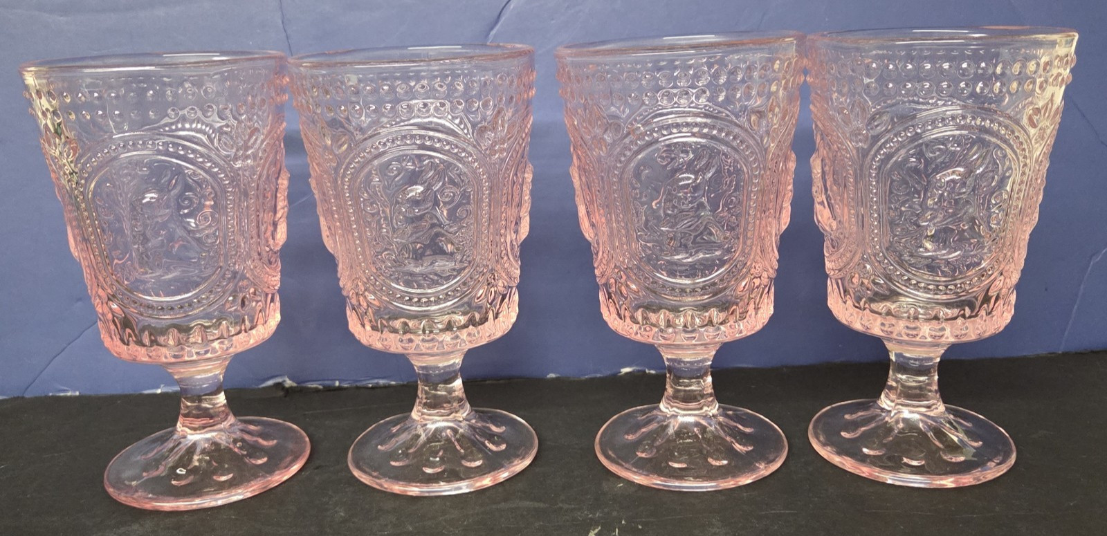 4 Vintage Style Pink Hobnail Table Home Embossed Bunny  Water Goblets Glasses 